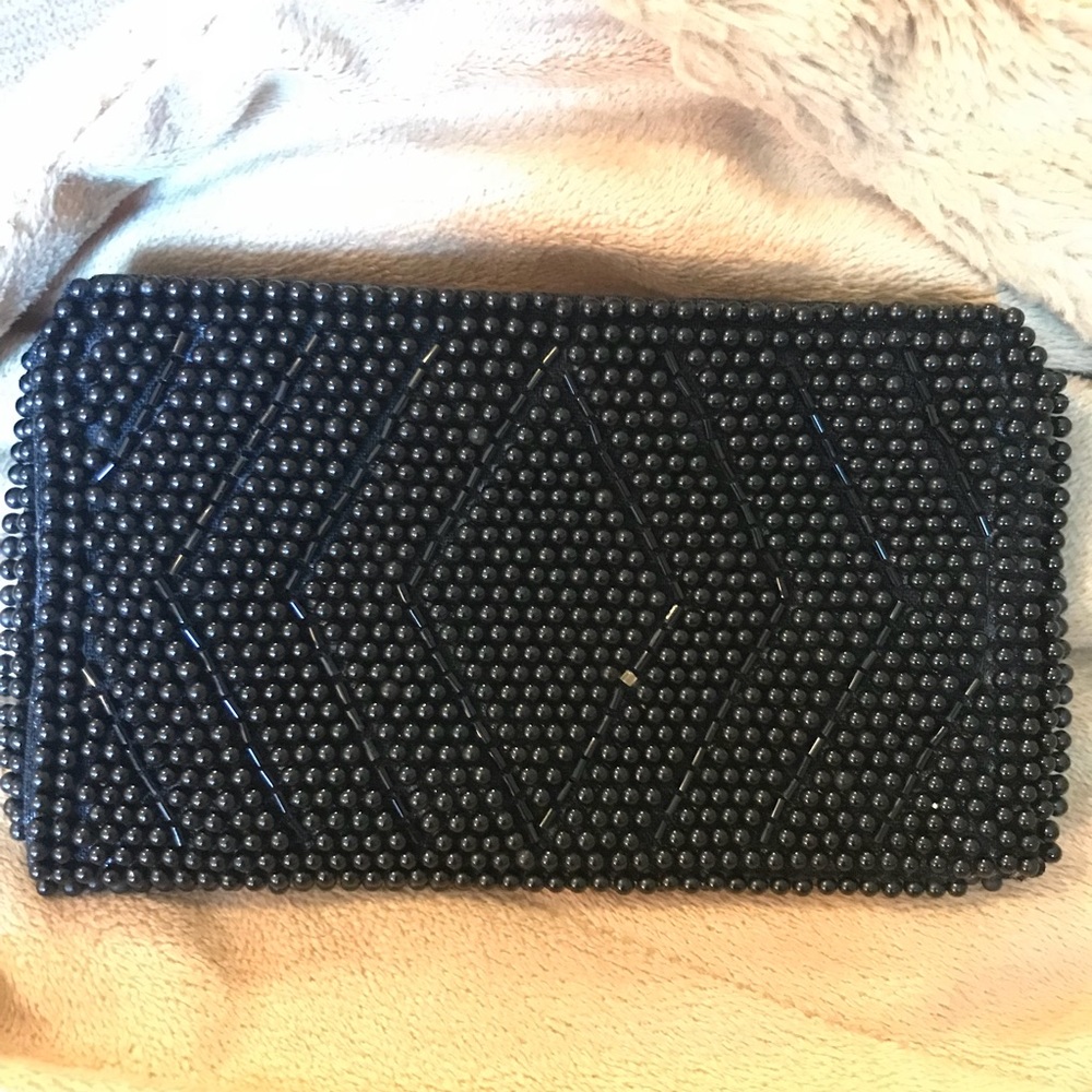 Vintage glass beaded small purse black JAPAN bass